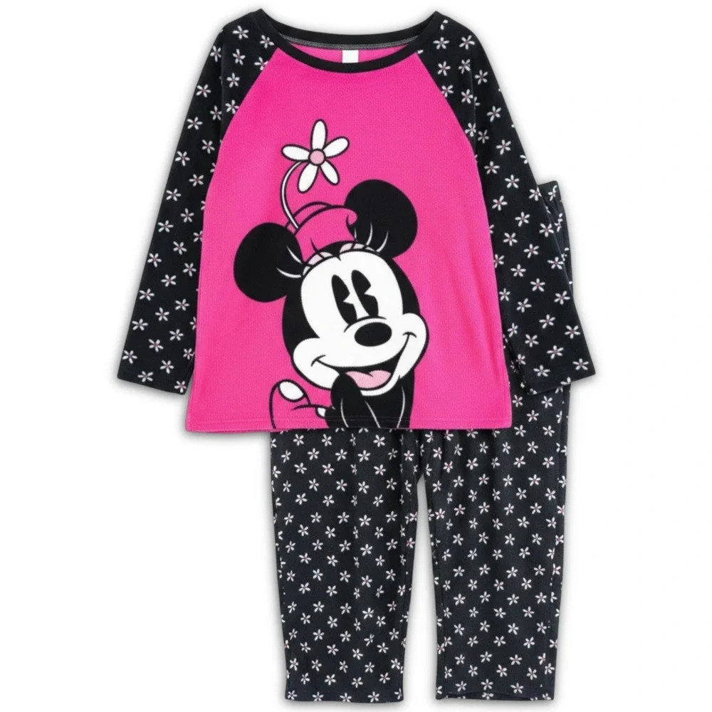 Disney Pajama Set Womens‎ 3X Pink Minnie Mouse Fleece Floral Raglan Sleepwear